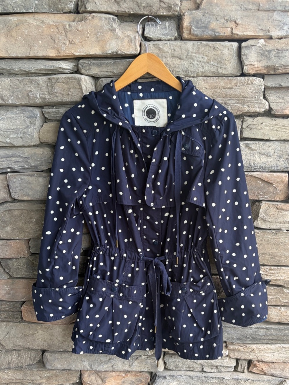 Anthropologie Daughter’s of Liberation Navy Polka Dot Hooded Raincoat Jacket